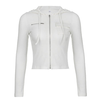 2024 New Early Autumn Women's Casual Fashion Short Solid Color Threaded Pocket Zipper Long-Sleeved Jacket